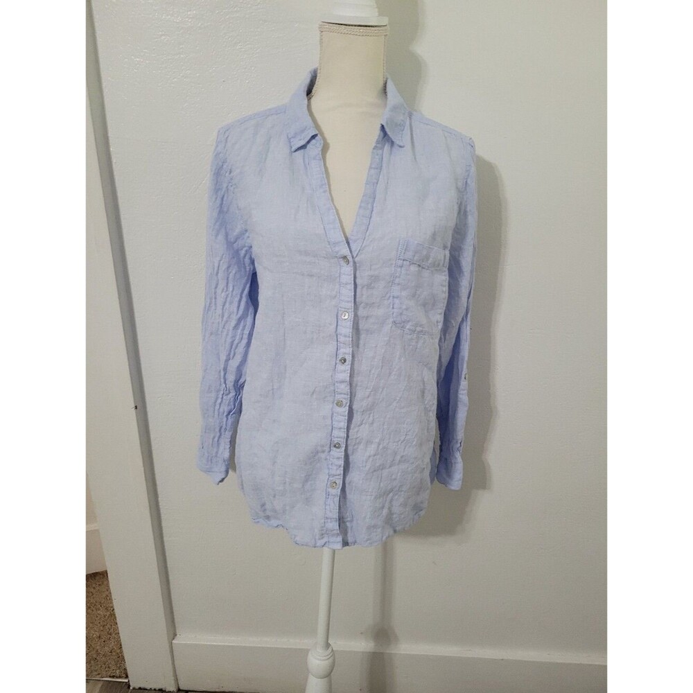 100% Linen Chambray Button Blouse Size XL Coastal Chic Minimalist Lagenlook